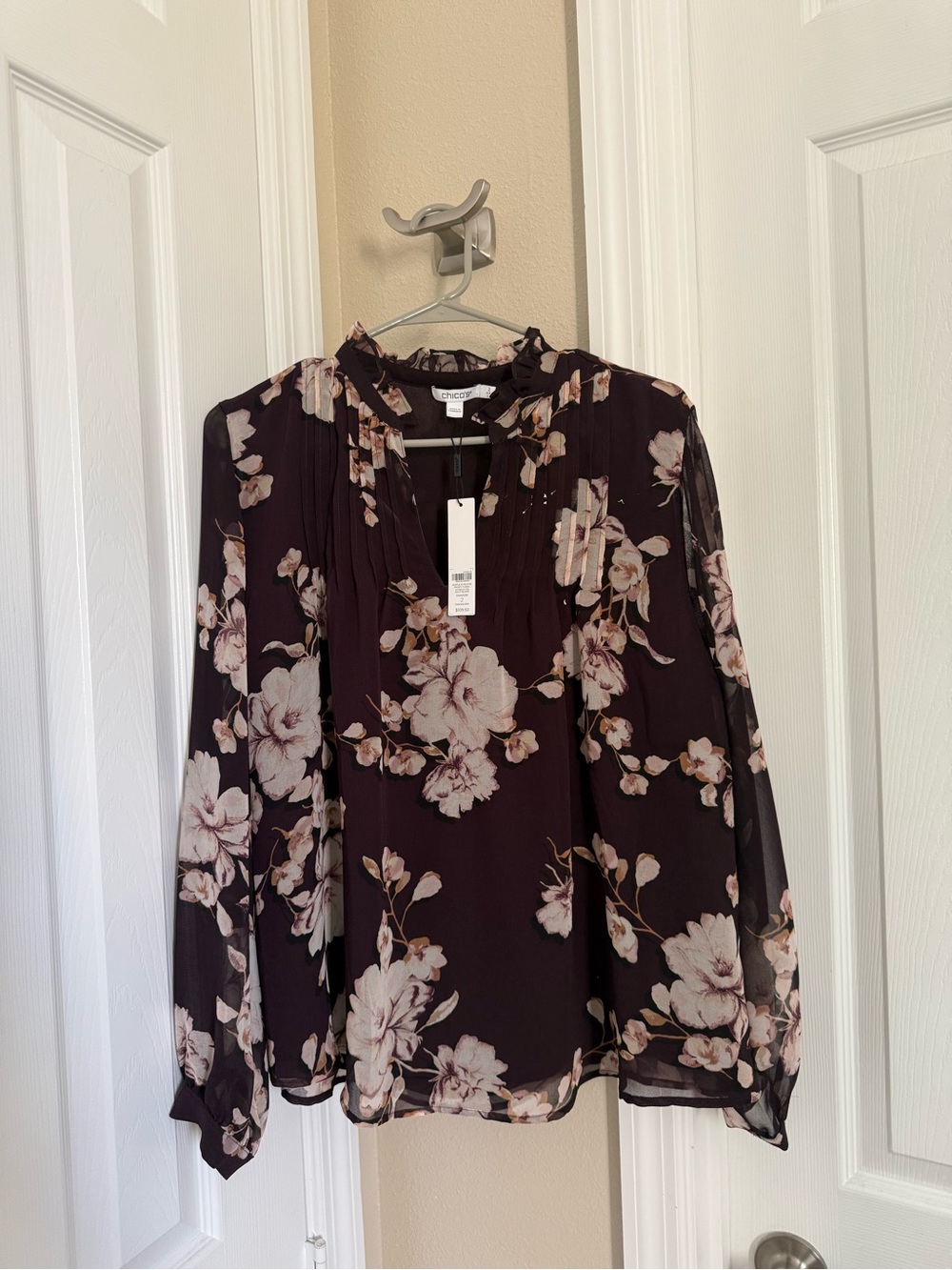 Chico's Plum Floral Sheer Blouse with Pink Blooms